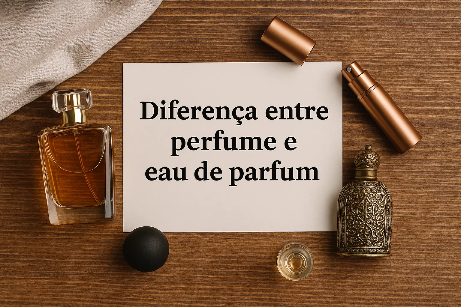 Perfumes e frascos de attar árabe sobre mesa de madeira, ilustrando a diferença entre perfume e eau de parfum