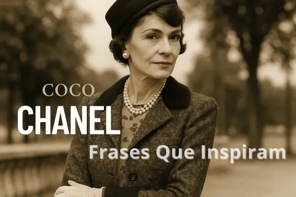 Retrato elegante de Coco Chanel em tom sépia, vestindo chapéu e colar de pérolas, com o texto “Frases que inspiram”. Imagem ilustrativa do artigo sobre frases de Coco Chanel.