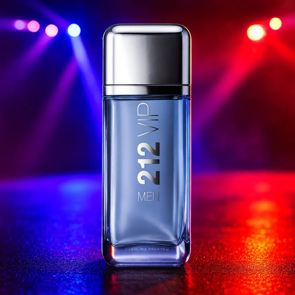 Frasco do perfume 212 VIP Men da Carolina Herrera iluminado por luzes coloridas em cenário que simula uma pista de balada.