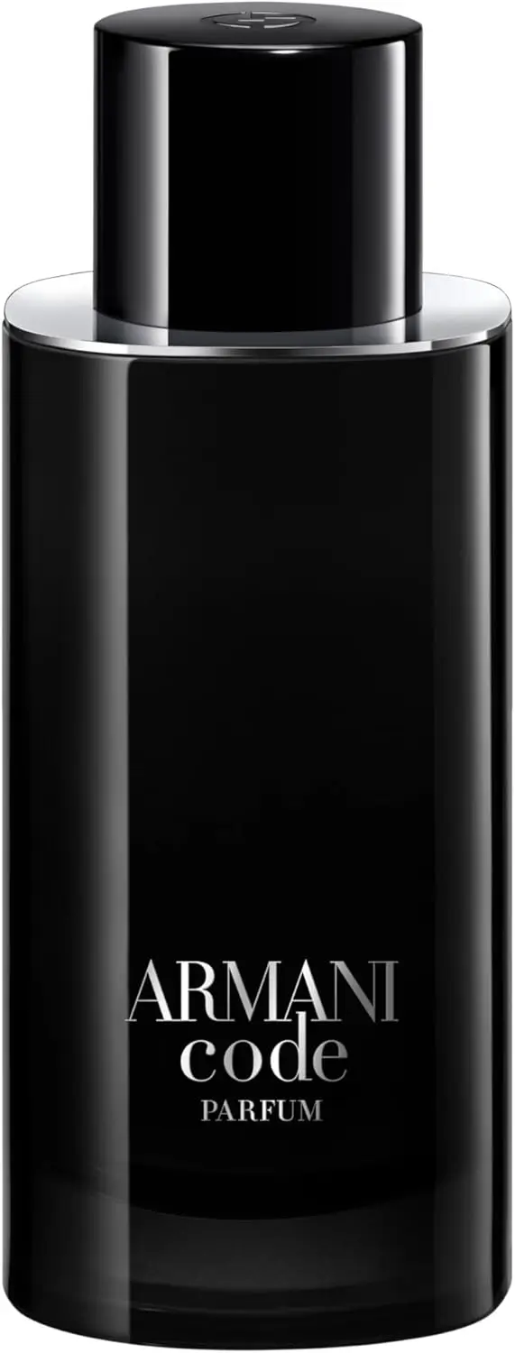 Frasco preto elegante do perfume masculino Armani Code Parfum, em um cenário minimalista e sofisticado.