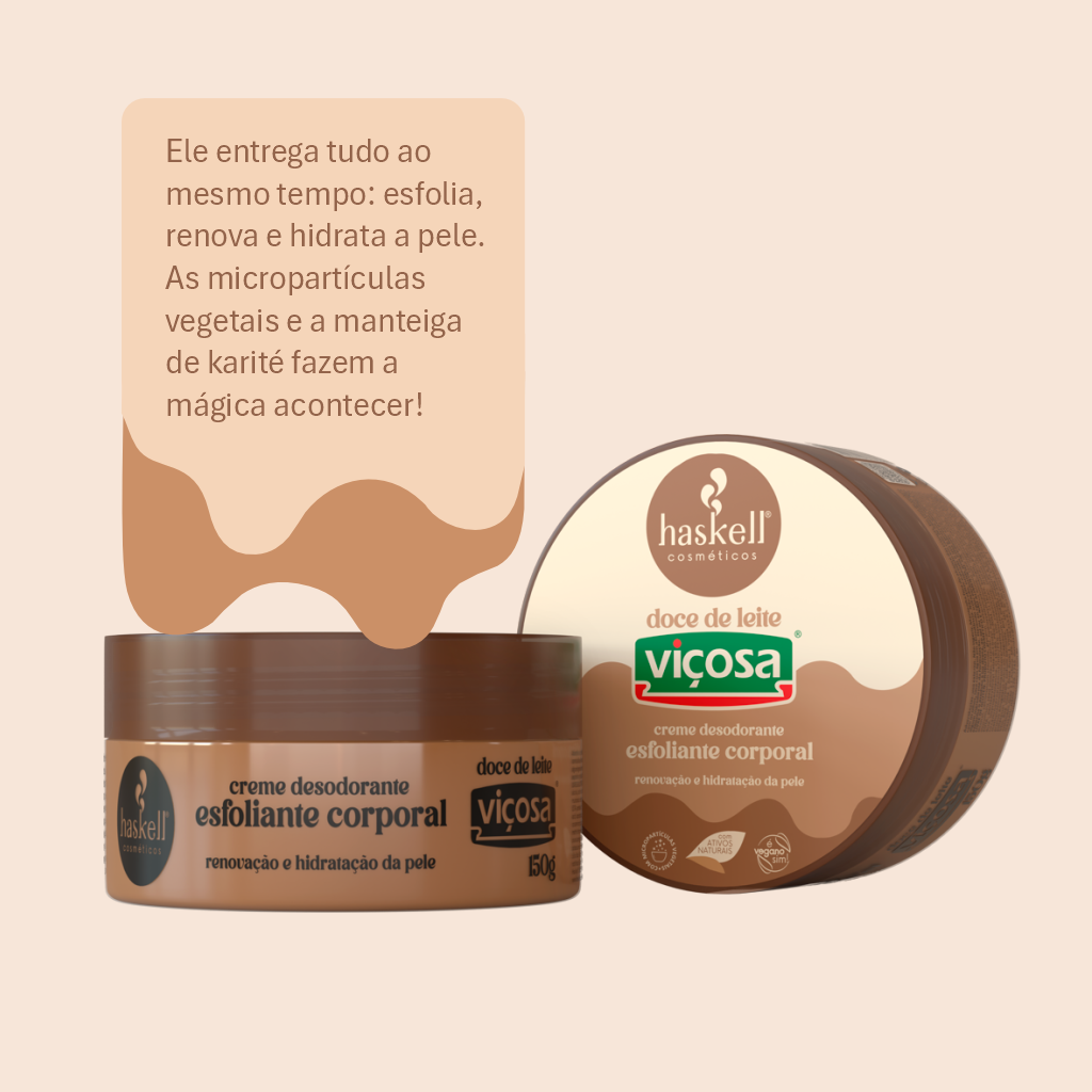 Pote do Esfoliante Corporal Haskell Viçosa de Doce de Leite, 150g, na cor marrom.