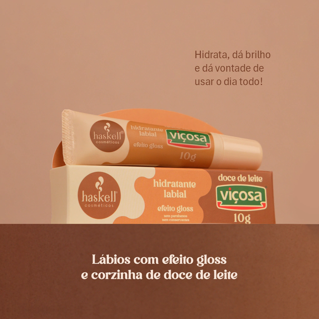 Bisnaga do Hidratante Labial Haskell Viçosa de Doce de Leite, 10g, em tons de marrom.