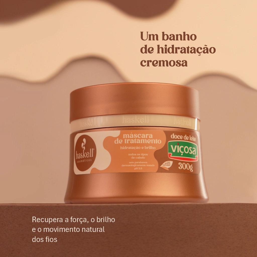 Pote da Máscara de Tratamento Haskell Viçosa de Doce de Leite, 300g, na cor marrom.