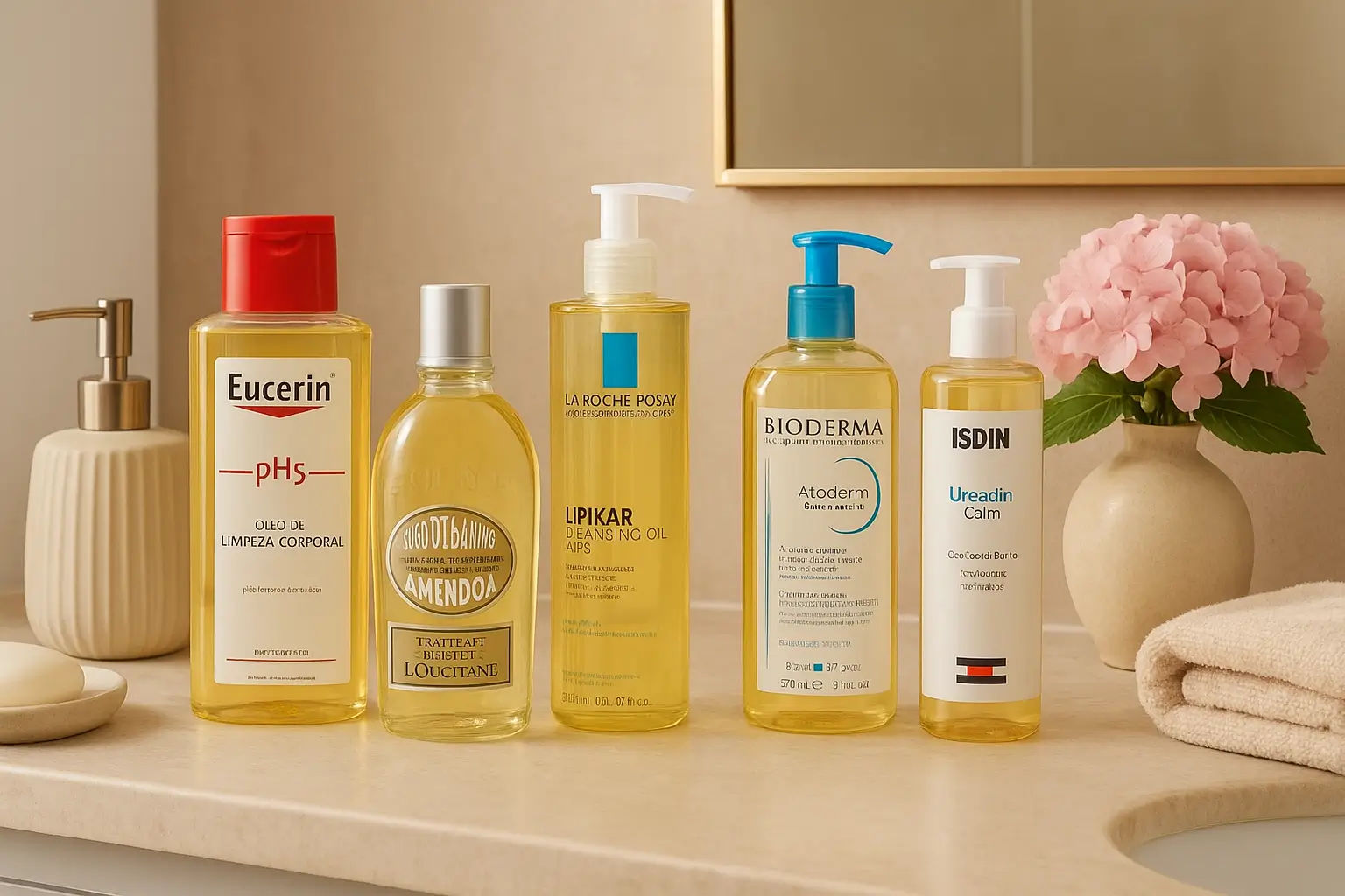 Seis frascos de óleos de banho de diferentes marcas dispostos sobre uma bancada de banheiro, com espelho ao fundo e vaso de hortência rosa.