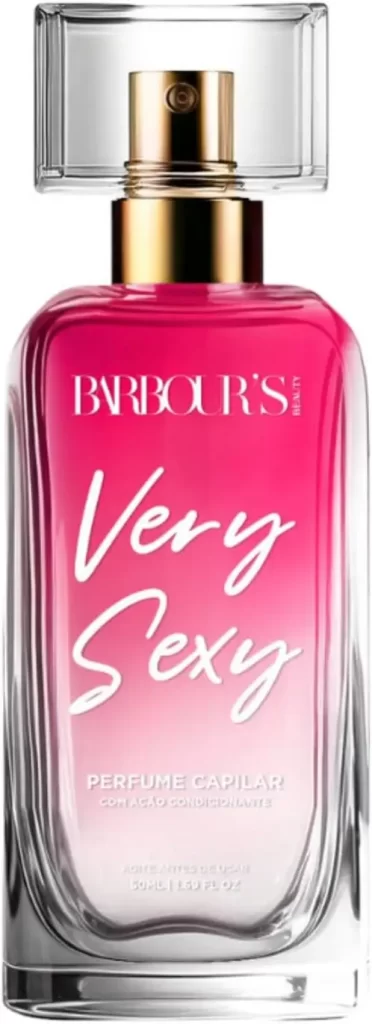 Frasco do perfume para cabelo Very Sexy da Barbour’s Beauty em tom rosa degradê com tampa transparente, ideal para cuidados capilares com fragrância sofisticada.