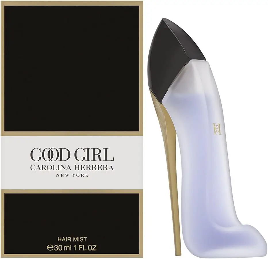 Perfume para cabelo Good Girl Hair Mist Carolina Herrera em frasco icônico em formato de salto alto, ao lado da caixa preta e dourada.