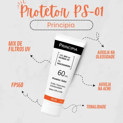 Protetor solar facial Principia PS-01 FPS 60 para pele sensível e seca.