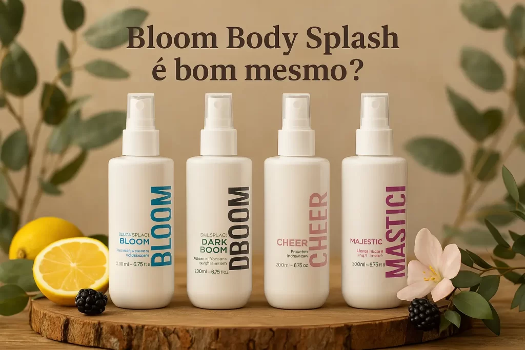 Frascos do Bloom Body Splash em destaque, mostrando variações de fragrâncias da Bloom Body Br. Imagem para artigo: Bloom Body Splash é bom?