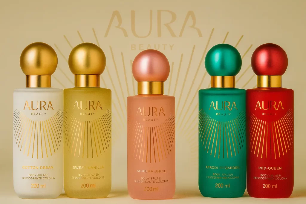 Cinco frascos do body splash Aura Beauty alinhados com design sofisticado e logotipo ao fundo.