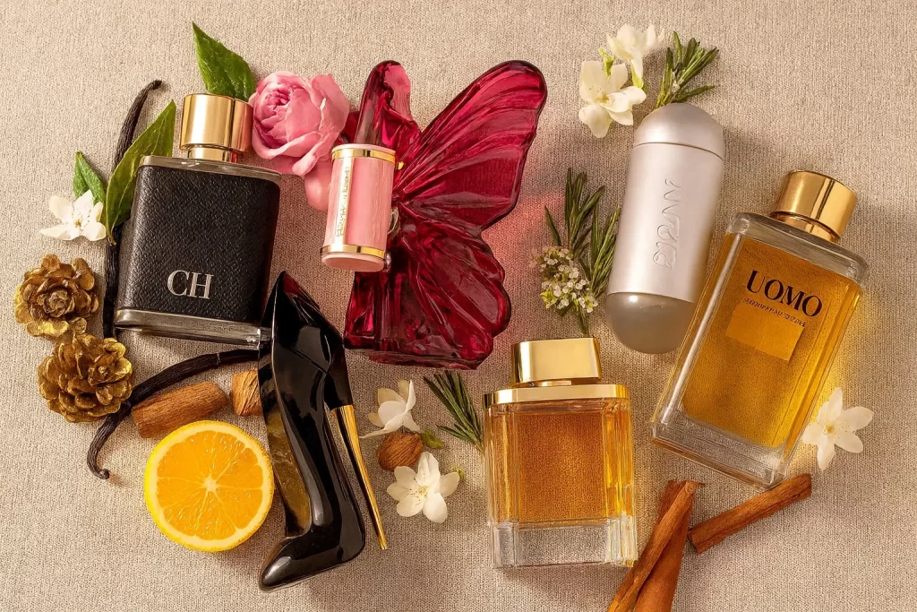 Carolina Herrera perfumes em destaque sobre tecido bege, cercados por flores, frutas e especiarias que representam diferentes notas olfativas.