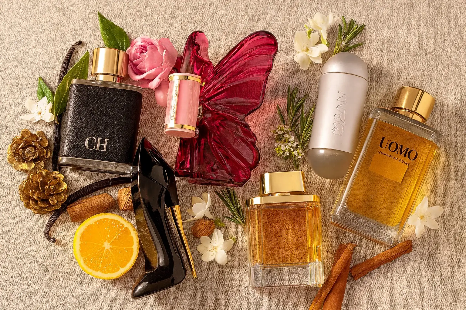 Carolina Herrera perfumes em destaque sobre tecido bege, cercados por flores, frutas e especiarias que representam diferentes notas olfativas.