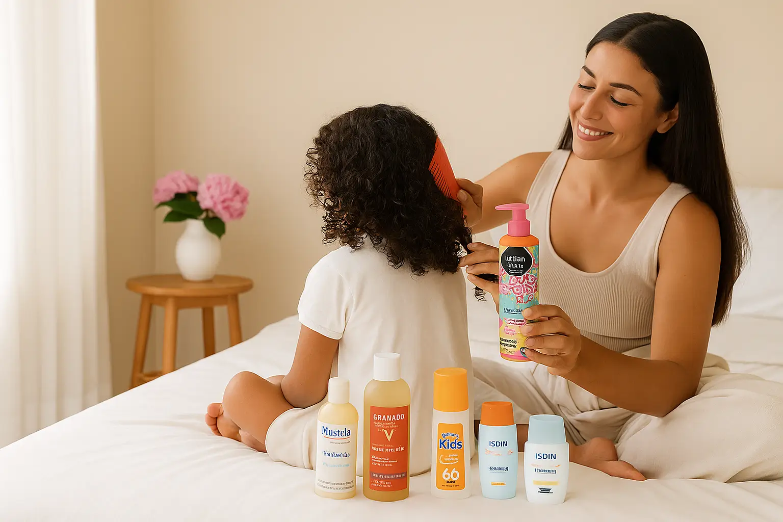 Mãe penteando os cabelos cacheados da filha sentada na cama enquanto aplica creme para pentear infantil, com produtos de cuidados com a pele infantil ao lado.
