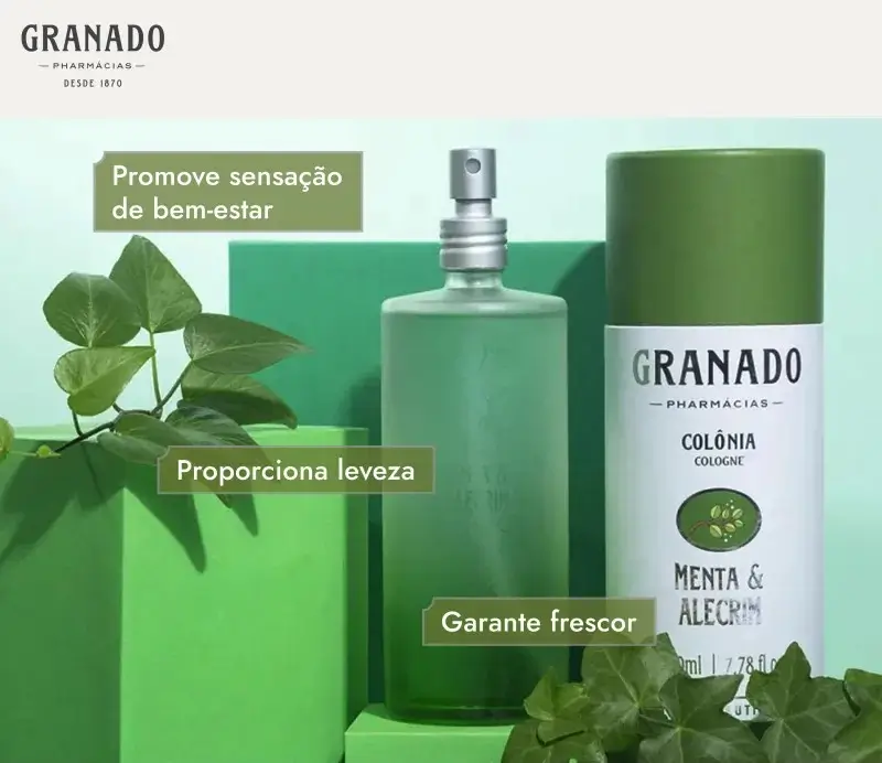 Frasco da colônia Granado Terrapeutics Menta & Alecrim em tons esverdeados, destacando a fragrância herbal e energizante.