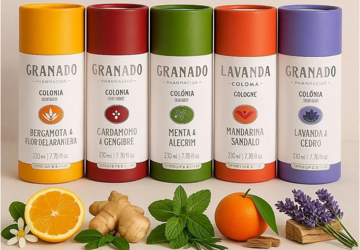 Frascos da linha Granado Terrapeutics com colônias Bergamota & Flor de Laranjeira, Cardamomo & Gengibre, Menta & Alecrim, Mandarina & Sândalo e Lavanda & Cedro.
