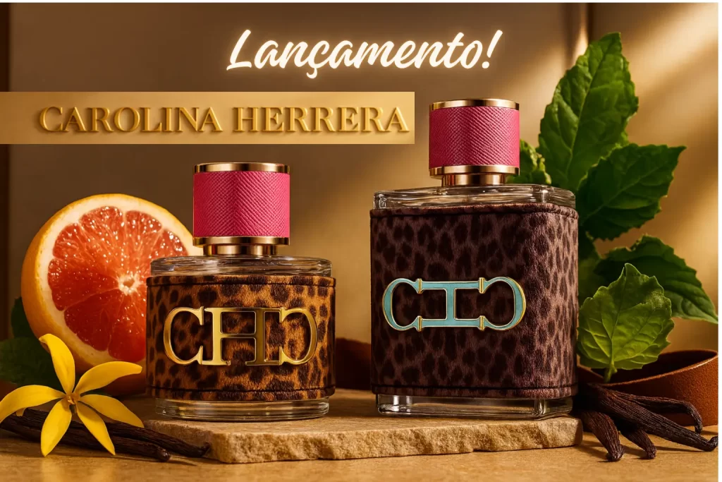 “Lançamento Carolina Herrera CH Wild Love: frascos feminino e masculino em cena elegante, logo ao fundo, com grapefruit, ylang-ylang, baunilha, folhas e couro sob luz dourada.”