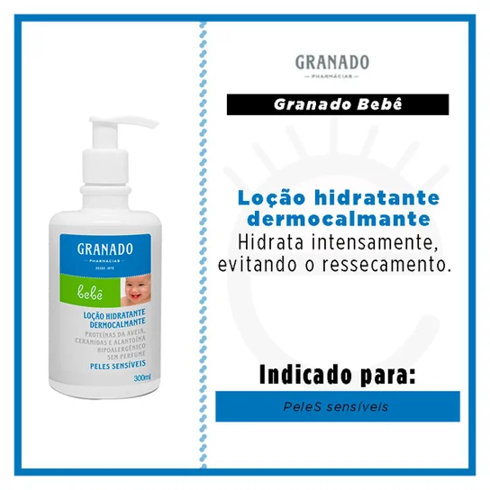 Loção hidratante dermocalmante Granado em frasco branco com tampa branca, indicada para peles secas e sensíveis.