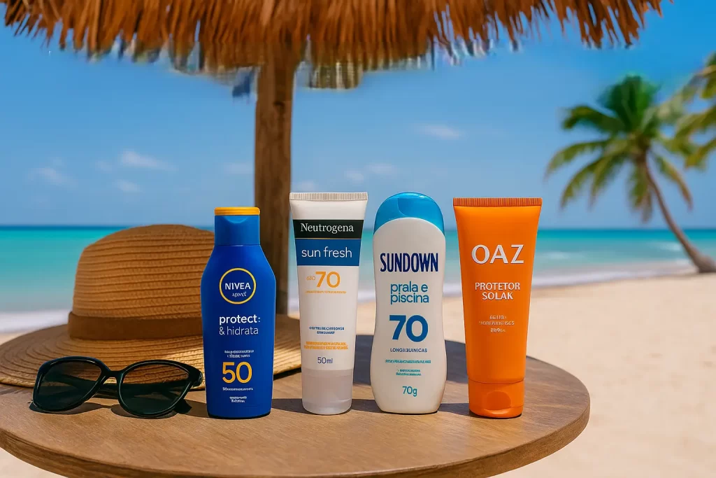 melhores protetores solares para o corpo em 2025 sobre mesa de praia com chapéu e óculos sob um coqueiro