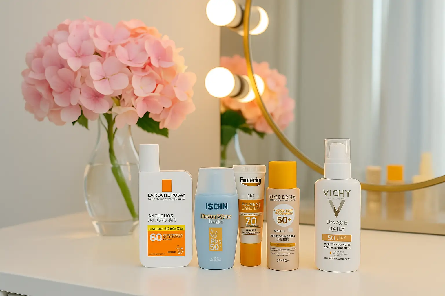 Melhores protetores solares para o rosto em 2025 sobre uma penteadeira iluminada com espelho e um vaso de hortências rosas.
