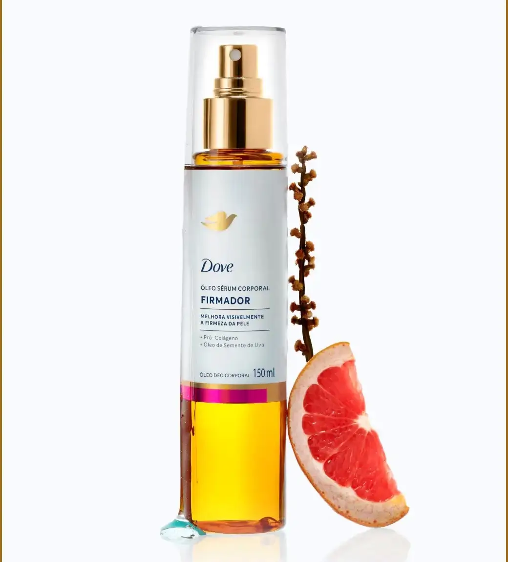 Óleo sérum corporal Dove Firmador 150 ml, com pedaço de toranja e galho decorativo ao lado.