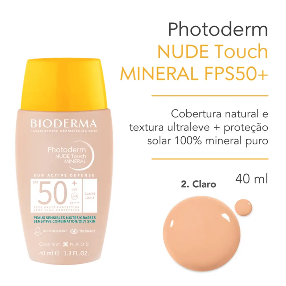 Bioderma Photoderm Nude Touch FPS 50+ — protetor solar facial com cor e textura leve.