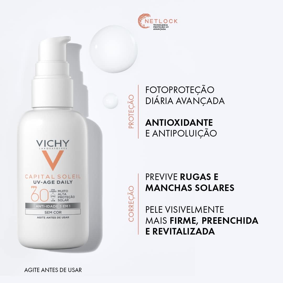 Vichy Capital Soleil UV-Age FPS 60 — protetor solar facial anti-idade.