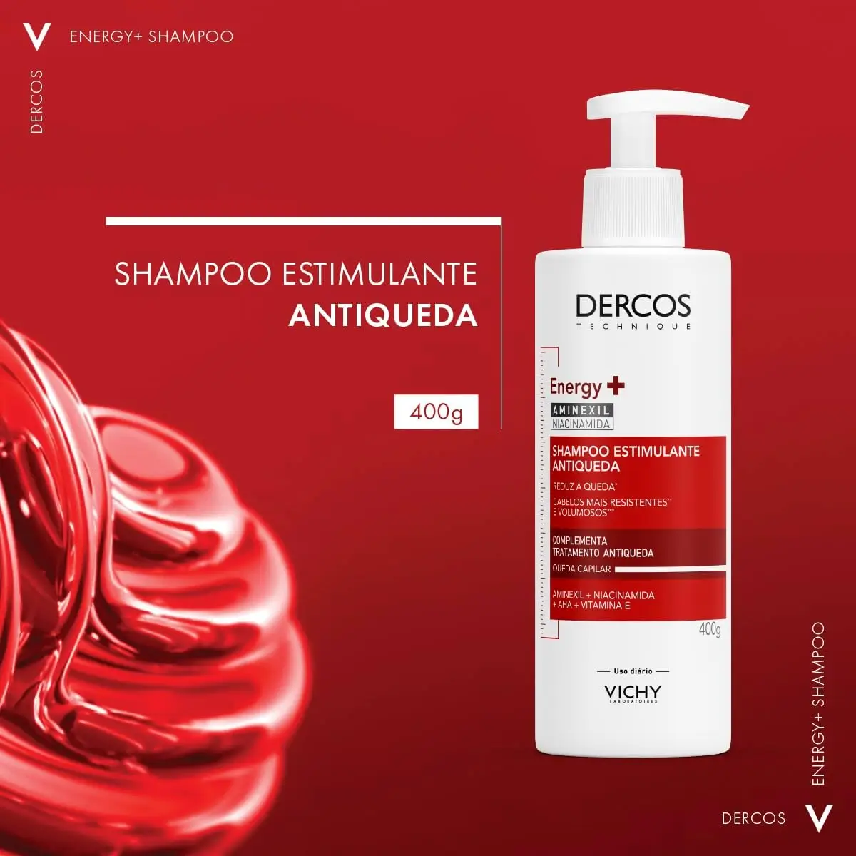 Frasco branco do shampoo Vichy Dercos Energy+ sobre pia de banheiro moderno.