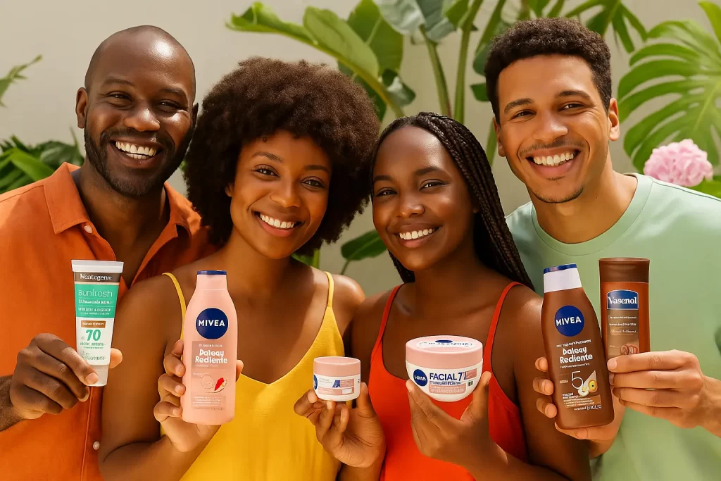 “Quatro pessoas negras sorrindo em ambiente claro e tropical, segurando produtos NIVEA, Neutrogena e Vasenol para cuidados com a pele negra, com folhagens verdes e vaso de hortênsia rosa ao fundo.”