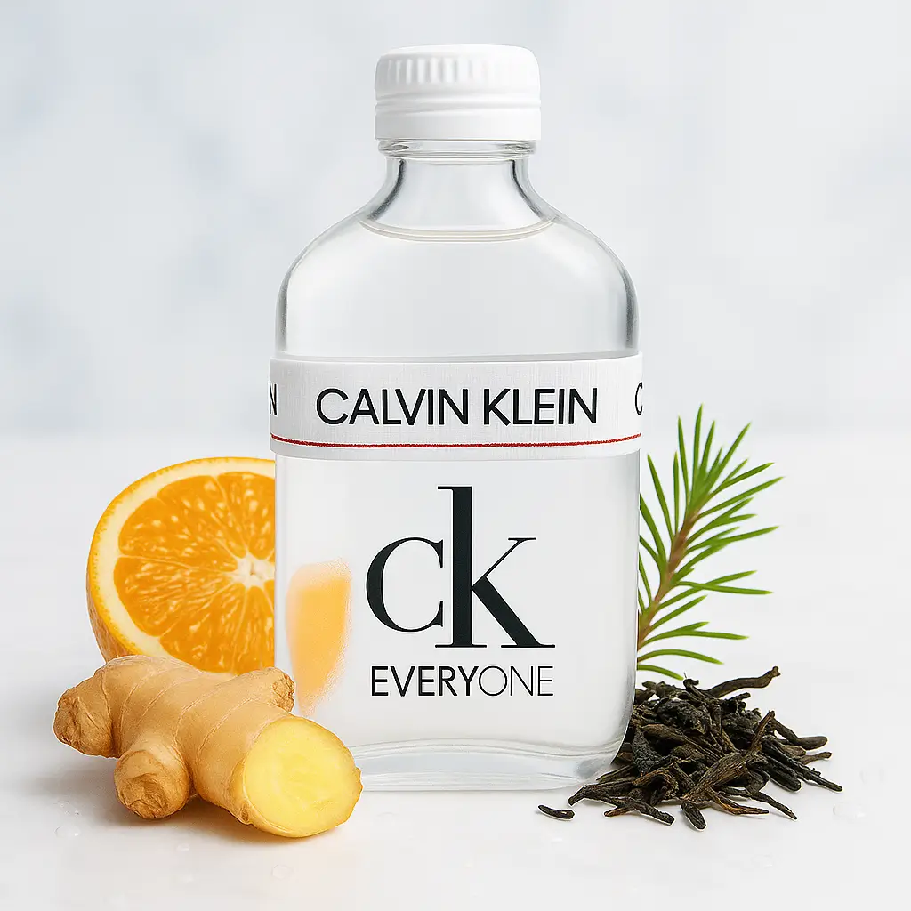 Frasco original do CK Everyone Eau de Toilette ao centro, com faixa CALVIN KLEIN, rodeado por elementos cítricos e amadeirados em fundo claro.