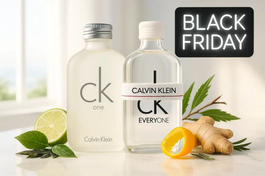 CK One e CK Everyone da Calvin Klein com selo Black Friday Amazon, em bancada clara, cercados por bergamota, limão e chá verde.