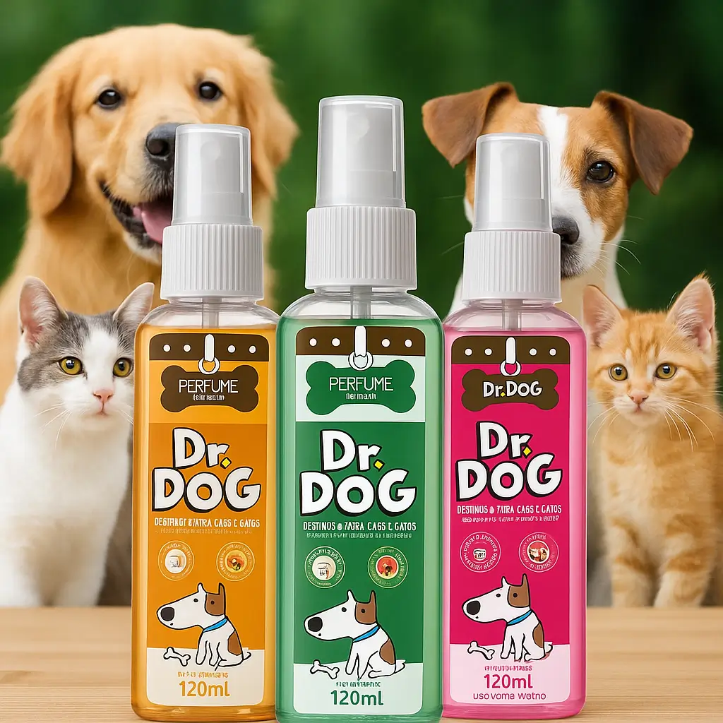 Perfumes Dr. Dog para cães e gatos posicionados à frente de cães e gatos em cenário ao ar livre.