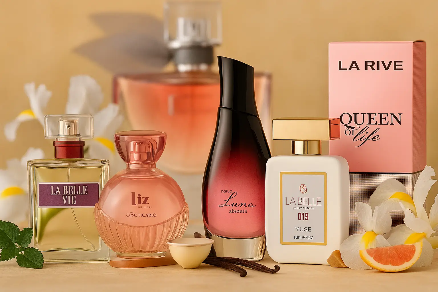 Cinco perfumes contratipos do La Vie Est Belle em cenário elegante, com flores brancas e frutas cítricas ao redor e o frasco original desfocado ao fundo.
