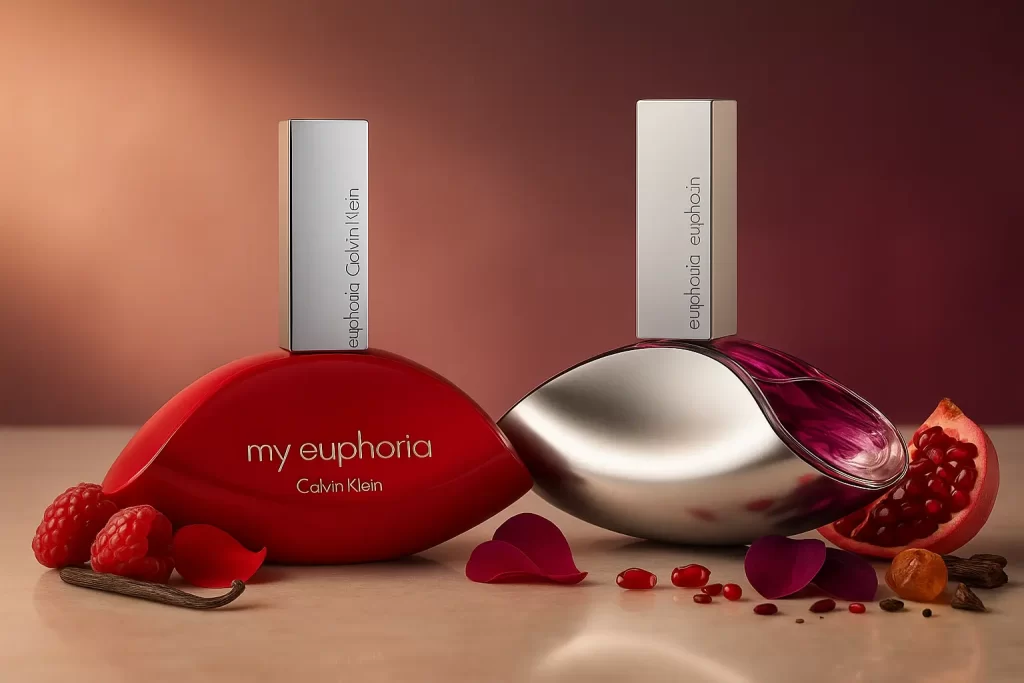 Perfumes Calvin Klein Euphoria e My Euphoria sobre bancada iluminada, com elementos florais e frutados ao redor, em composição sofisticada.
