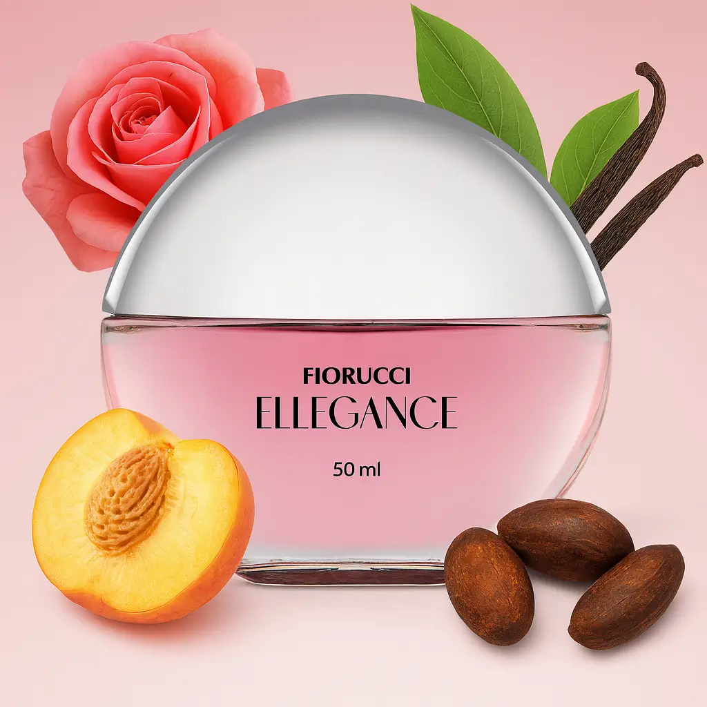 Frasco do perfume Fiorucci Ellegance 50ml com líquido rosa e tampa prateada, posicionado ao centro sobre fundo rosa suave. Ao redor, aparecem ingredientes da fragrância como pêssego, rosa, baunilha e grãos de cacau.