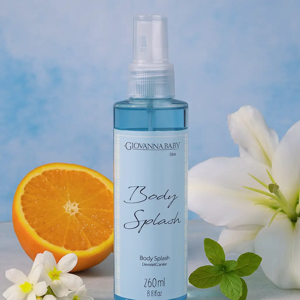 Frasco do Body Splash Giovanna Baby Blue 260ml no centro, cercado por elementos frescos como lavanda, camomila e notas cítricas, sobre fundo suave azul claro.