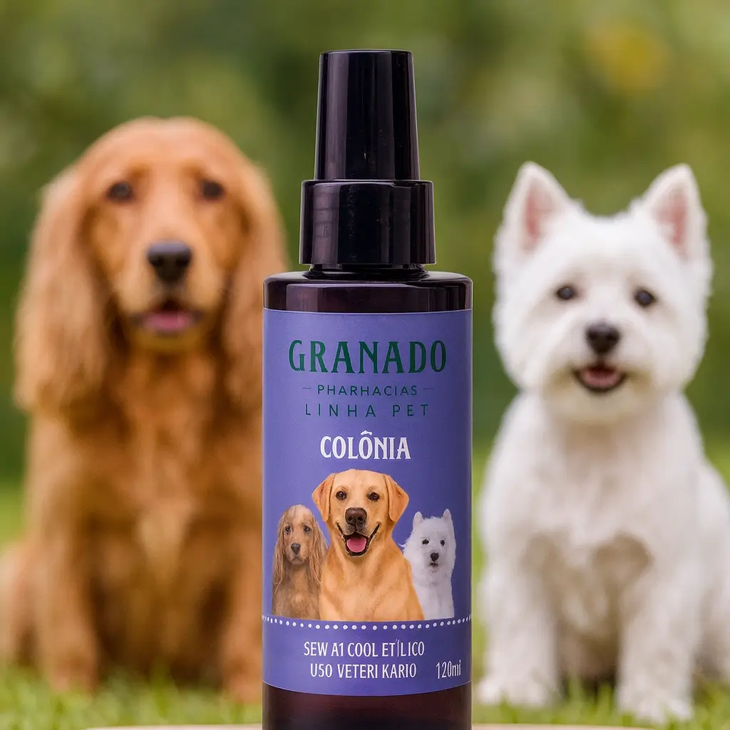 Frasco do perfume Granado Linha Pet com três cachorros ao fundo em cenário ao ar livre.