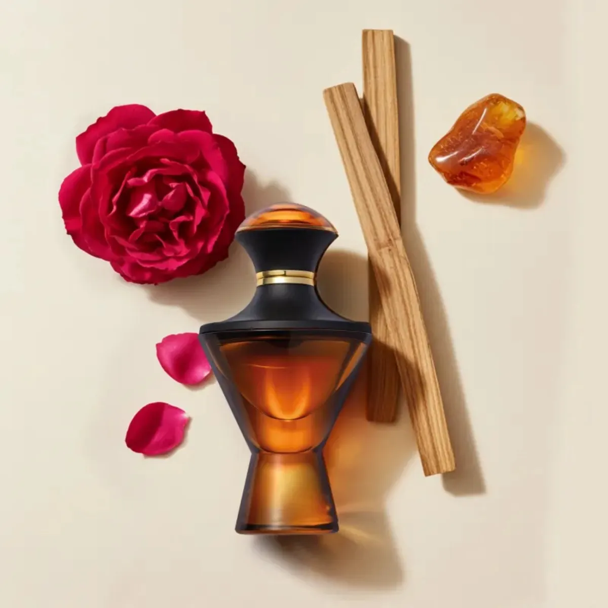 Frasco do perfume Hadiya Eau de Parfum 75ml, ao lado de uma rosa vermelha, pétalas, madeira e âmbar, representando notas olfativas marcantes.