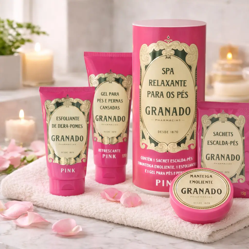 Kit granado Pink Spa Relaxante para os pés com manteiga emoliente, sachet escalda-pés, esfoliante de pedra-pomes e gel para pés e pernas, em cenário de spa.