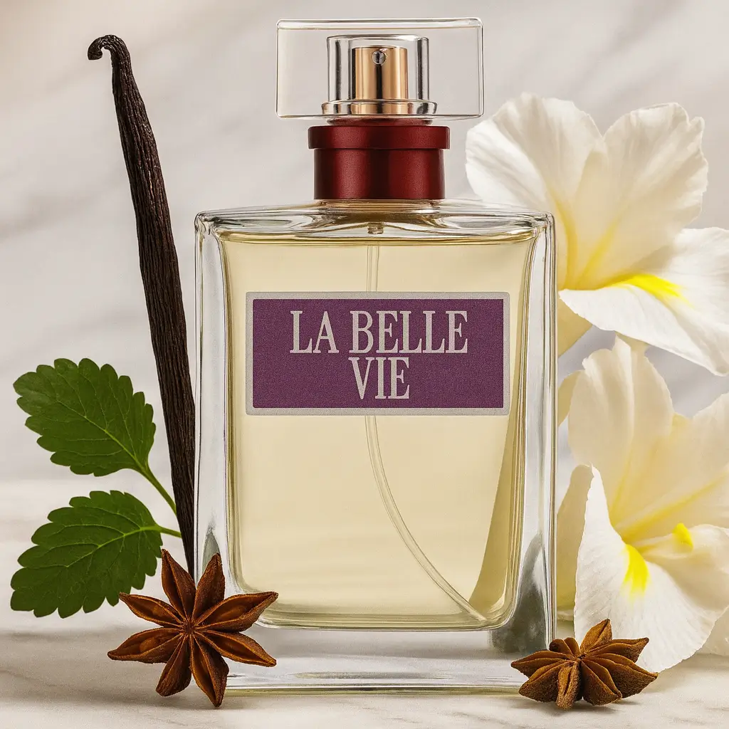 Frasco do perfume La Belle Vie em destaque sobre superfície elegante, cercado por flores claras e elementos doces que remetem ao contratipo do La Vie Est Belle.