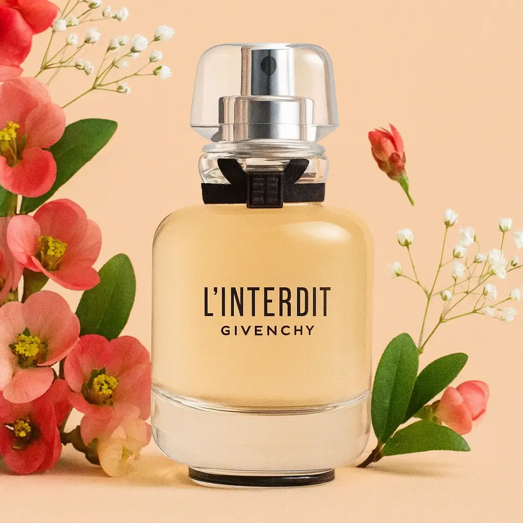 Frasco do perfume L’Interdit Givenchy sobre fundo rosa, cercado por flores delicadas em tons de rosa e branco.