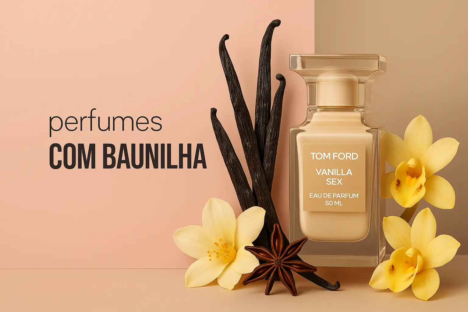 Frasco de perfume Tom Ford Vanilla cercado por flores e favas de baunilha