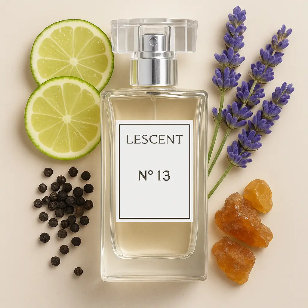 Perfume Lescent Nº 13 cercado por limão, lavanda, pimenta-preta e resina âmbar