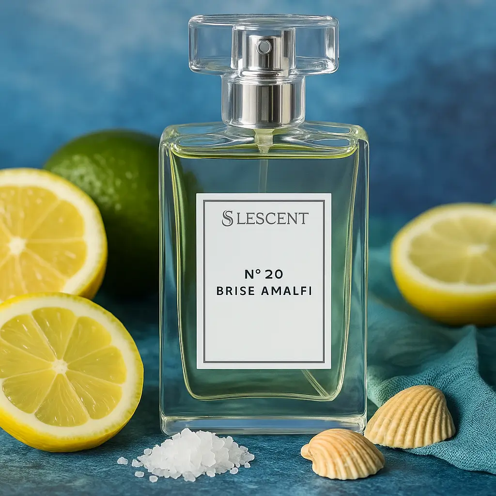 Perfume Lescent Nº 20 Brise Amalfi com limões, lima, sal marinho e conchas sobre fundo azul
