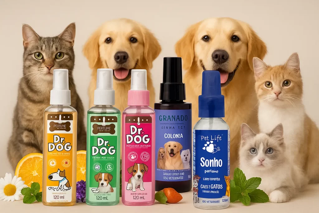 Perfume para pets: frascos de colônia pet (Dr. Dog, Granado e Pet Life Sonho) com cães e gatos em cenário elegante e ingredientes como lavanda, cítricos e folhas.