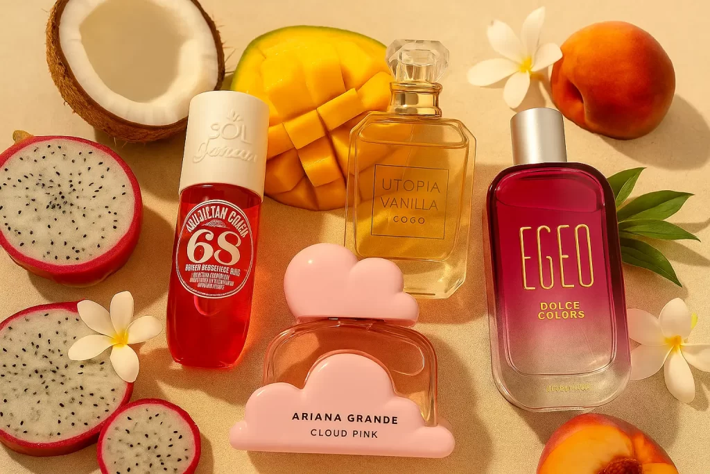 Perfumes Guava Girl em frascos coloridos sobre fundo claro, cercados por frutas tropicais e flores, representando aromas doces e solares de verão.