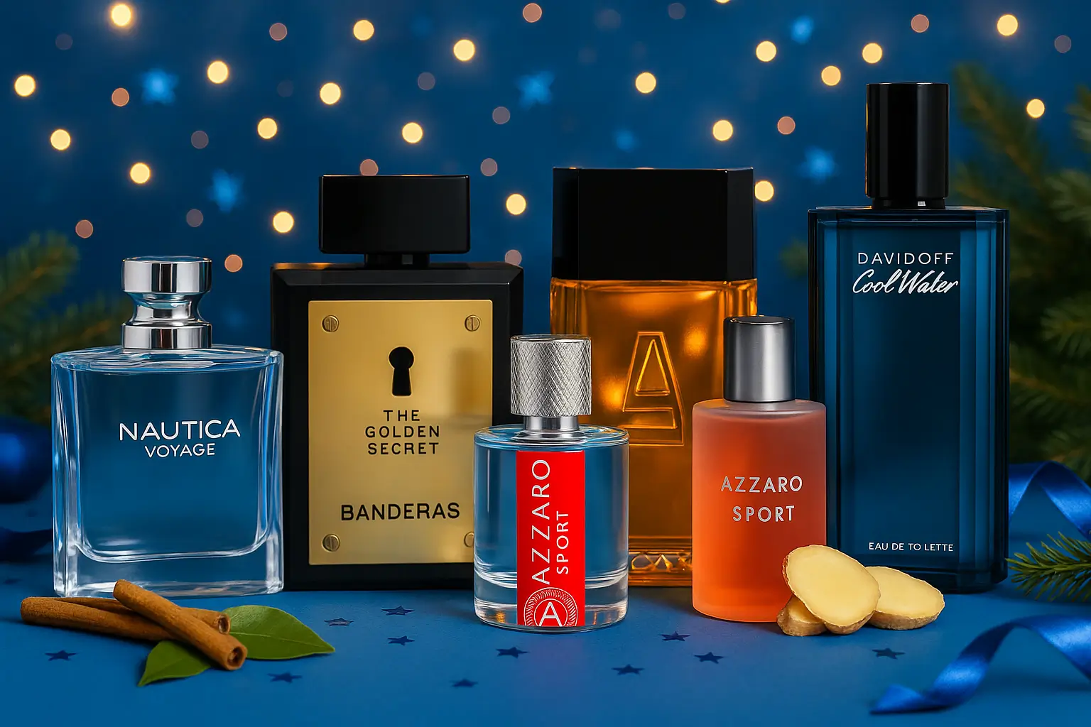 Presentes para o Dia do Homem com cinco perfumes masculinos famosos — Nautica Voyage, Davidoff Cool Water, Azzaro Sport, Azzaro Pour Homme e The Golden Secret — em cenário azul festivo sobre bancada.