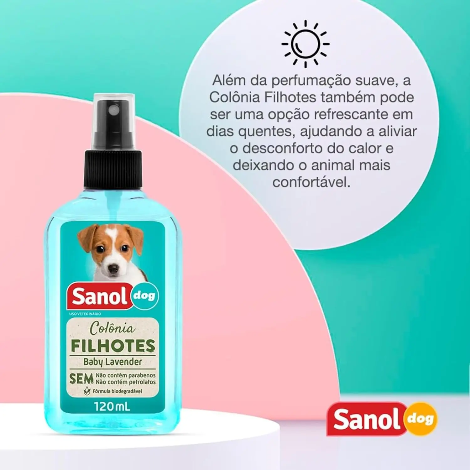 Frasco da Colônia Sanol Dog Filhotes Baby Lavender com texto explicativo sobre seus benefícios refrescantes para dias quentes.