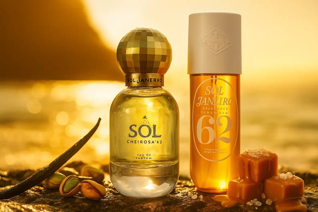 dois frascos originais Sol de Janeiro Cheirosa 62 — Eau de Parfum (tampa “bola de disco” dourada) e Perfume Mist (frasco âmbar com tampa branca) — em cenário de pôr do sol à beira-mar, com pistaches, vagens de baunilha e caramelo salgado sobre pedra molhada