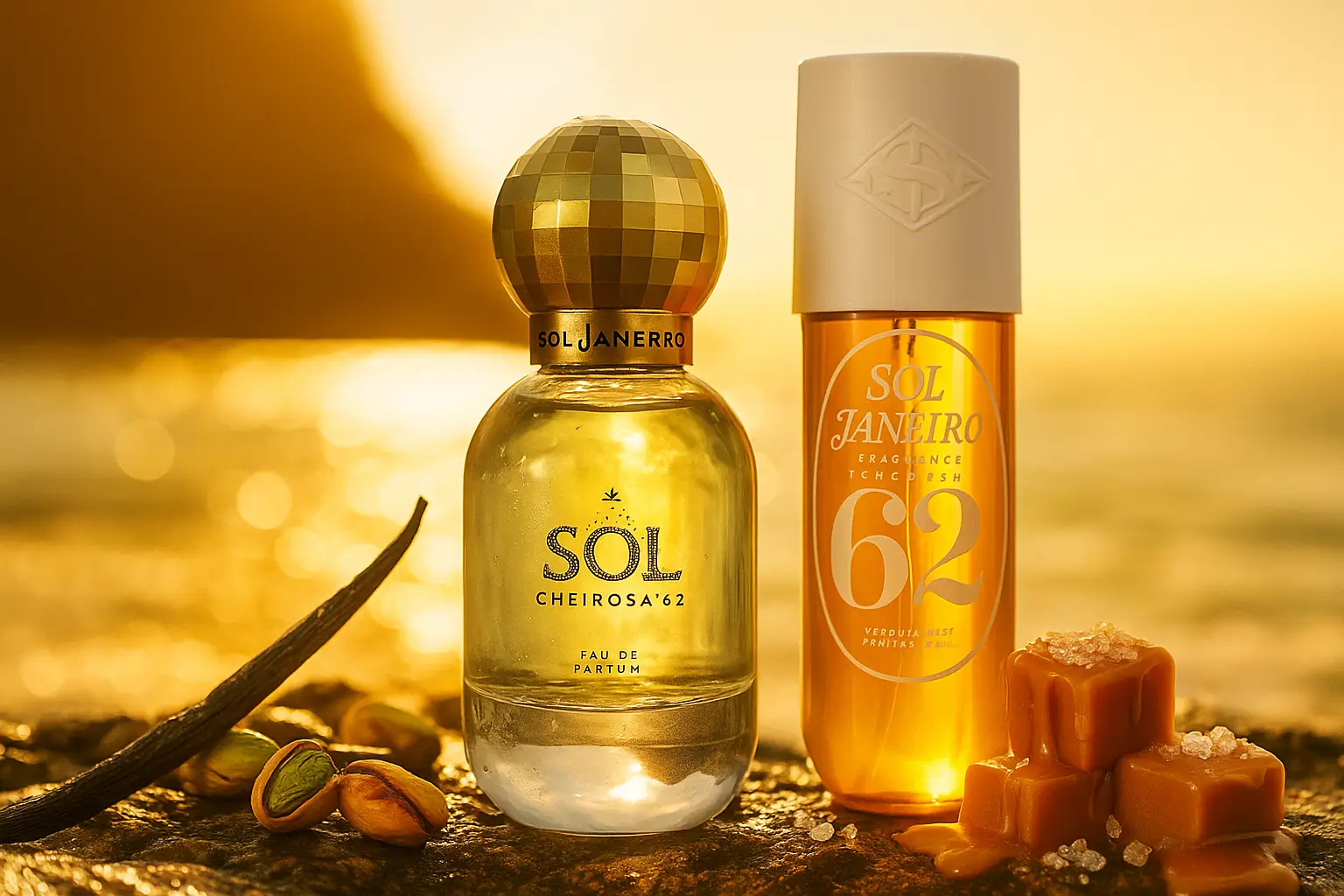 dois frascos originais Sol de Janeiro Cheirosa 62 — Eau de Parfum (tampa “bola de disco” dourada) e Perfume Mist (frasco âmbar com tampa branca) — em cenário de pôr do sol à beira-mar, com pistaches, vagens de baunilha e caramelo salgado sobre pedra molhada