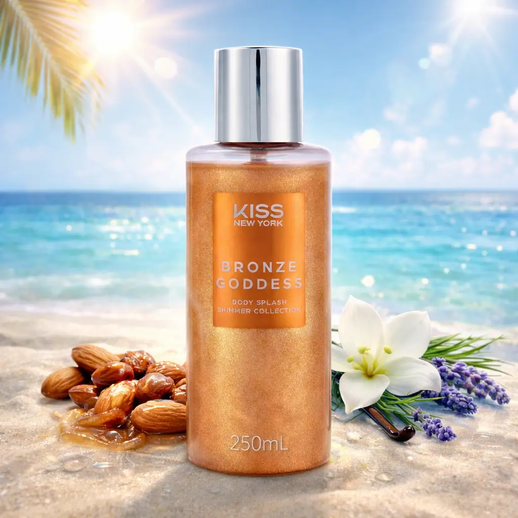 Perfume solar Kiss New York Bronze Goddess em cenário de verão, com notas quentes e cheirosas que representam o verão 2026.