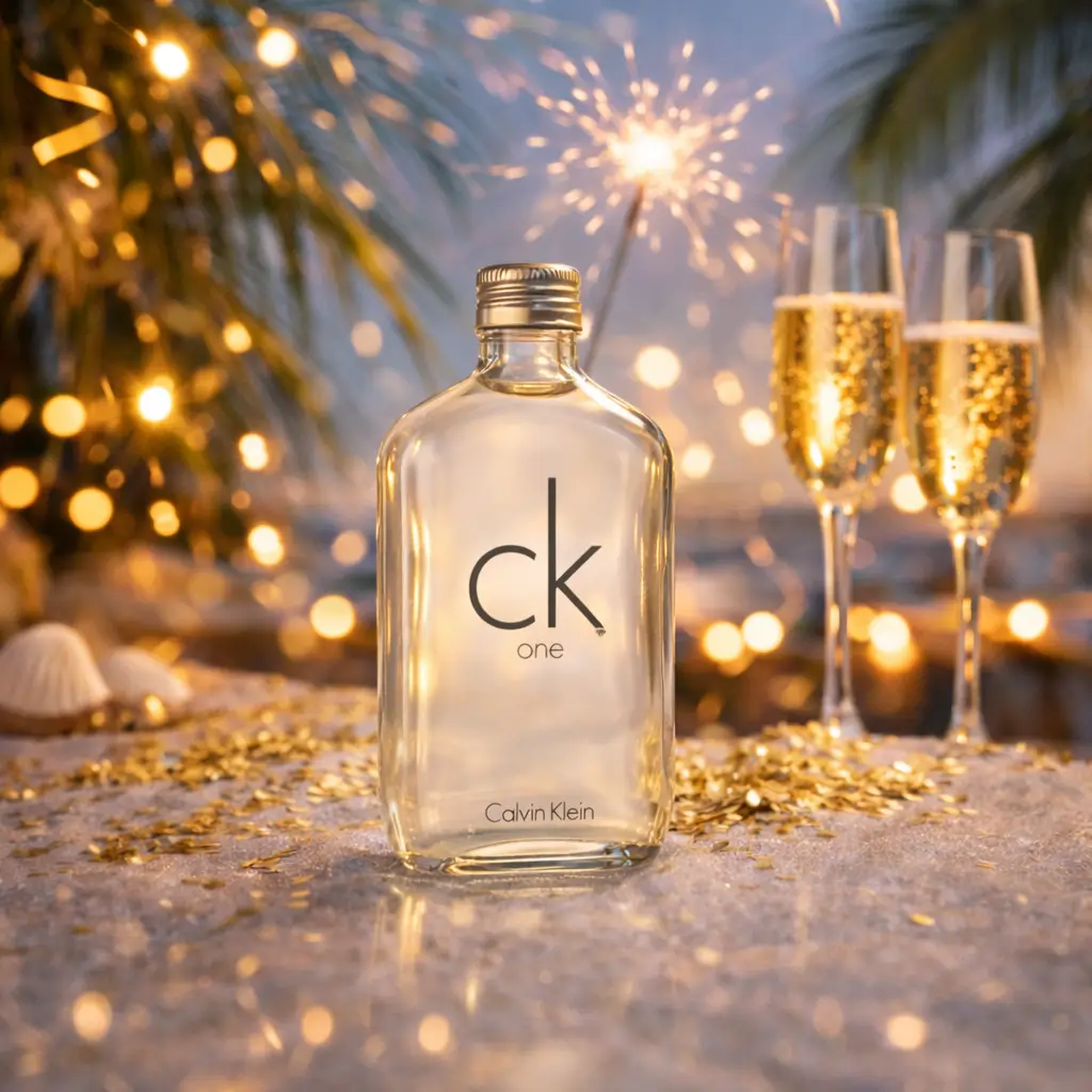 Perfume unissex CK One em cenário de Ano Novo na praia, com luzes douradas e taças de espumante ao fundo.